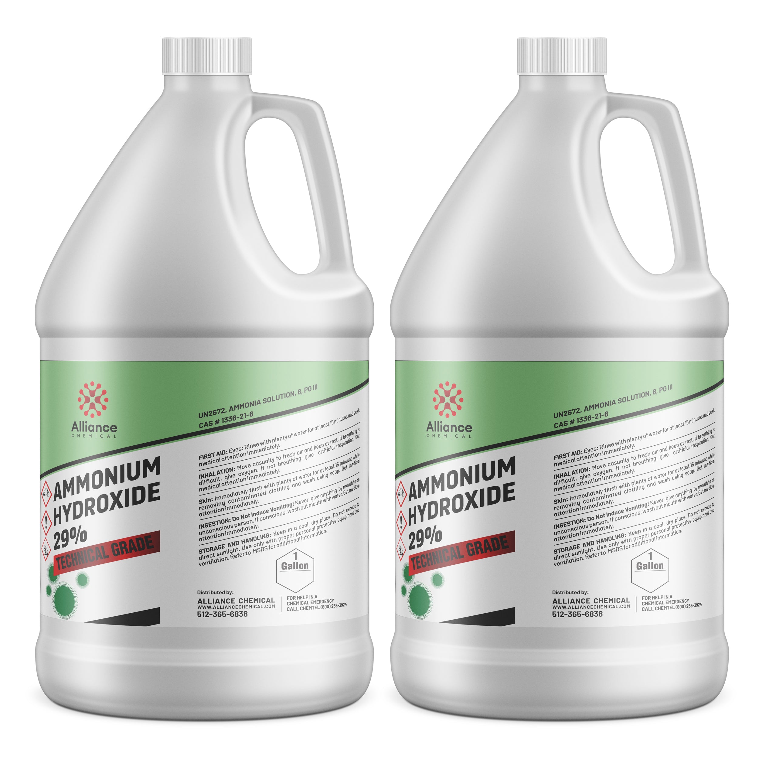 2-gallon HDPE containers of 29% Ammonium Hydroxide (Technical Grade) with hazard symbols, first aid instructions, and Alliance Chemical branding.